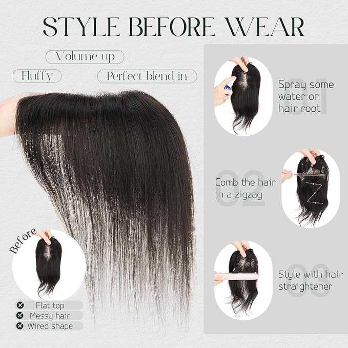 Hairro Toppers Hairpieces For Women Wispy Air Clip On Bangs Remy Short Black Lace Topper 3D Cover Wiglet 11 Inches 21g #1B