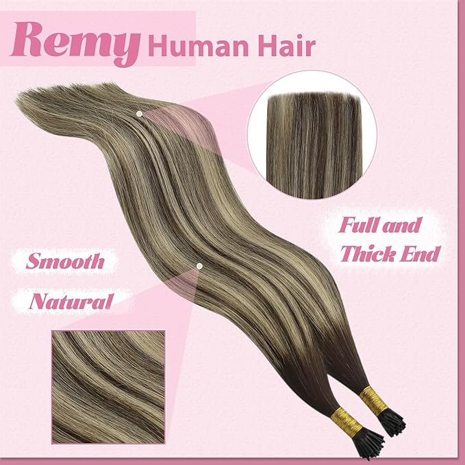 YoungSee Itip Hair Extensions Real Human Hair Balayage I Tip Extensions Ombre Dark Brown with Ash Blonde I Tip Human Hair Extension 22 Inch Itips Remy Human Hair Extension for Girls 50s 50g