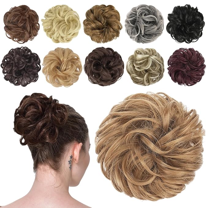 FESHFEN Messy Bun Hair Piece - Elastic Wavy Curly Hair Bun Scrunchies Extensions Synthetic Chignon Hairpieces for Women Girls, Strawberry Blonde 1.5 oz
