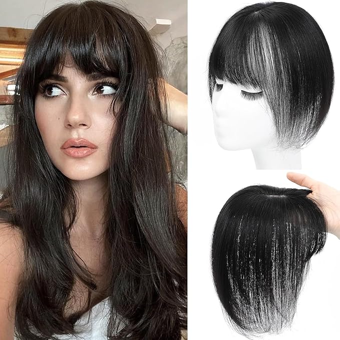 Amchoice Hair Toppers for Women Real Human Hair, Bangs Hair Clip 360° 3D Cover Bangs, Human Hair Toppers for Women Daily(Black, 3D Wispy Bangs (5 * 9))
