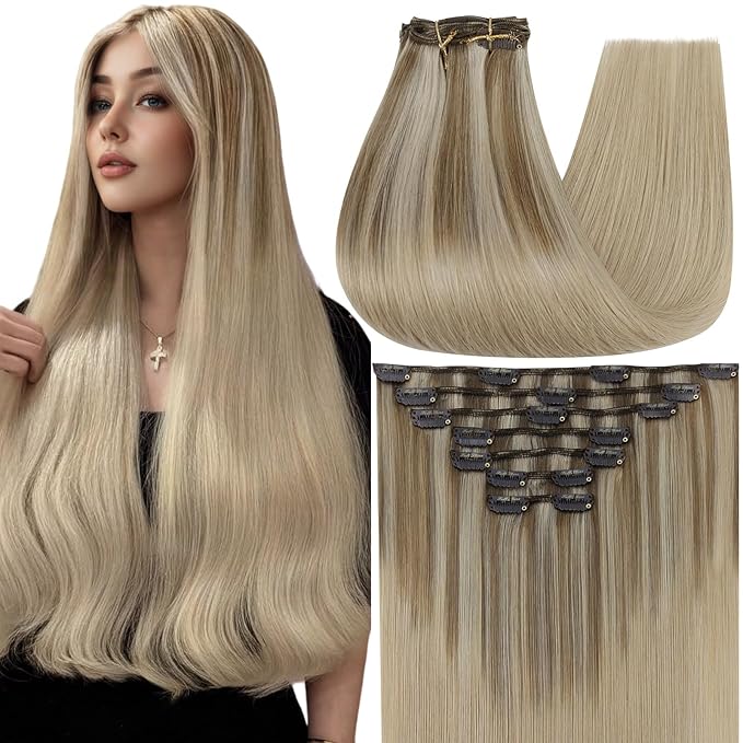 Full Shine Dark Blonde Hair Extensions Clip in 18 Inch Teddy Bear Blonde Clip in Human Hair Extensions for White Women 120 G 7 Pcs