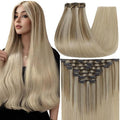 Full Shine Human Hair Extensions Blonde 14 Inch Teddy Bear Blonde Balayage Real Hair Extensions Clip in Human Hair 120 G 7 Pcs