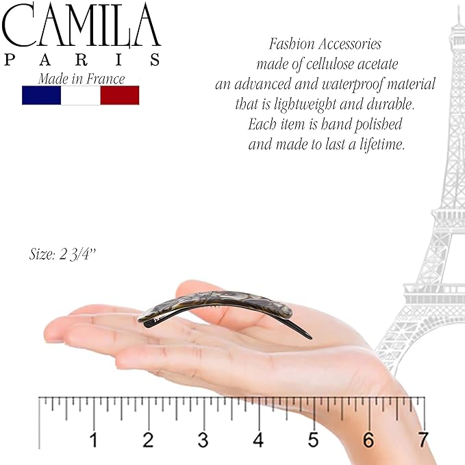 Camila Paris CP2817 French Hair Barrette Clip for Girls, Handmade, Onyx, Metal-Free Closure Strong Hold Grip Hair Clips for Women, No Slip and Durable Styling Girls Hair Accessories, Made in France