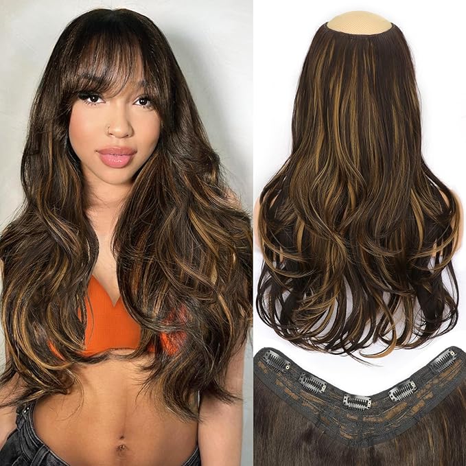 ALXNAN Clip in Hair Extensions,Balayage Dark Brown to Chestnut Long Wavy Hair Extensions Soft Synthetic Thick Hairpieces for Women 20 Inch