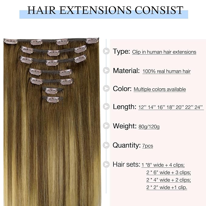 DOORES Human Hair Clip in Extensions, Medium Brown Highlighted Dirty Blonde, 24 Inch 7pcs 120g, Remy Straight Natural Real Hair
