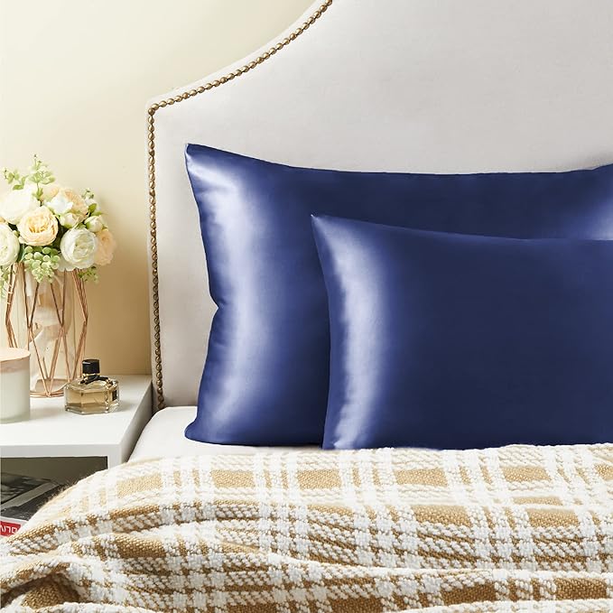 BEDELITE Satin Pillowcase with Zipper, Navy Pillow Cases Queen Size Set of 2, Super Soft and Cooling Similar to Silk Pillow Cases, Gift for Women Men(20x30 Inches)