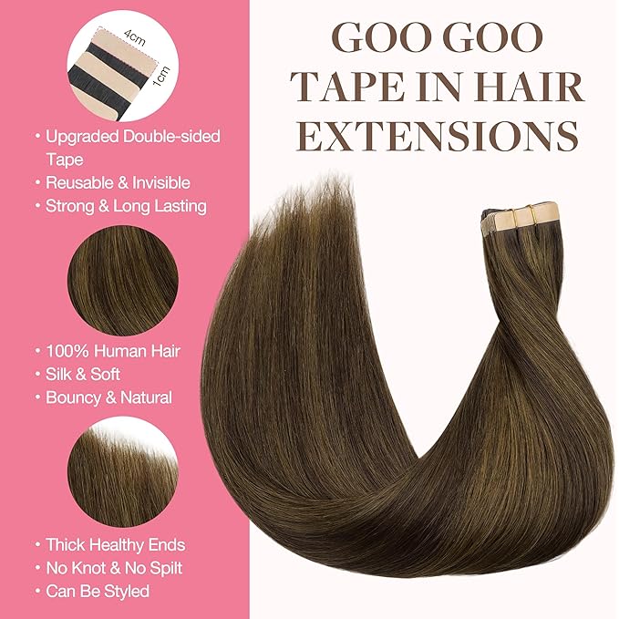 GOO GOO Tape in Hair Extensions Human Hair, 2C/4E/6C Brown Sugar Swirl Highlights, 14inch 50g 20pcs, Skin Weft Seamless Invisible, Silky Straight with Thick Ends, Remy Human Hair