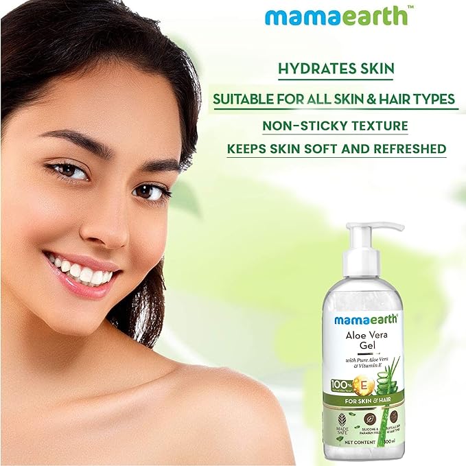 Mamaearth Aloe Vera Gel for Skin & Hair | Hydrates Dry Skin & Scalp | Reduces Sunburn & Wrinkles | Deep Nourishment for All Skin & Hair Types | 10.14 Fl Oz/300ml