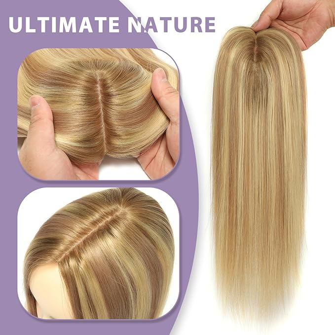 Real Human Hair Toppers for Women #TLQ, 3x5 Inch Injected Silk Base 130% Density 14 Inch Length Hair Toppers