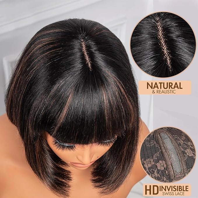Bob Wig with Bangs Human Hair Glueless HD Lace Straight Short Bob Wig with Brown Highlights, Ready to Go Short Wigs For Women （12 Inch bob wig）
