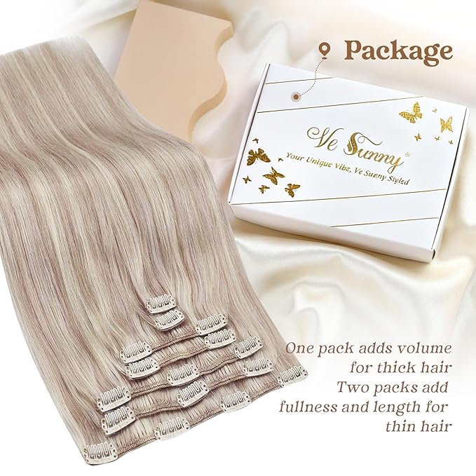 Ve Sunny Clip in Hair Extensions Real Human Hair 20inch Remy Hair Extensions for Women Real Hair Ash Blonde Highlight Bleach Blonde Hair Double Weft 7pcs 120g