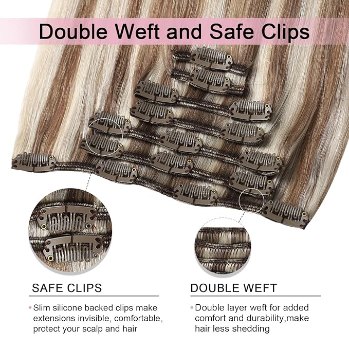 Pro2.0 Clip in Hair Extensions Real Human Hair 20inch 7pcs Color #8p60 Brown Highlights Platinum Blonde Remy Real Human Hair Extensions Clip ins 120g Thick Double Weft（#8p60-20inch）