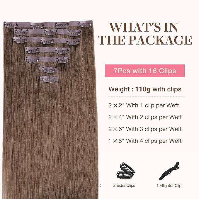 GOO GOO Clip in Hair Extensions Real Human Hair, Remy Human Hair Extensions Clip ins for Women, Natural Human Hair, 24inch 120g 7Pcs, 5 Light Ash Brown