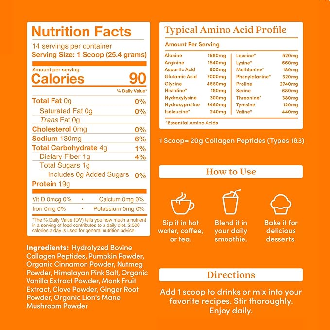 Further Food Pumpkin Spice Collagen Peptides Powder with Lion’s Mane Mushroom – 100% Grass-Fed, Hydrolyzed Type 1 & 3, 20g of Collagen per Serving, Supports Skin, Hair, Nails & Focus, 9.88 Oz