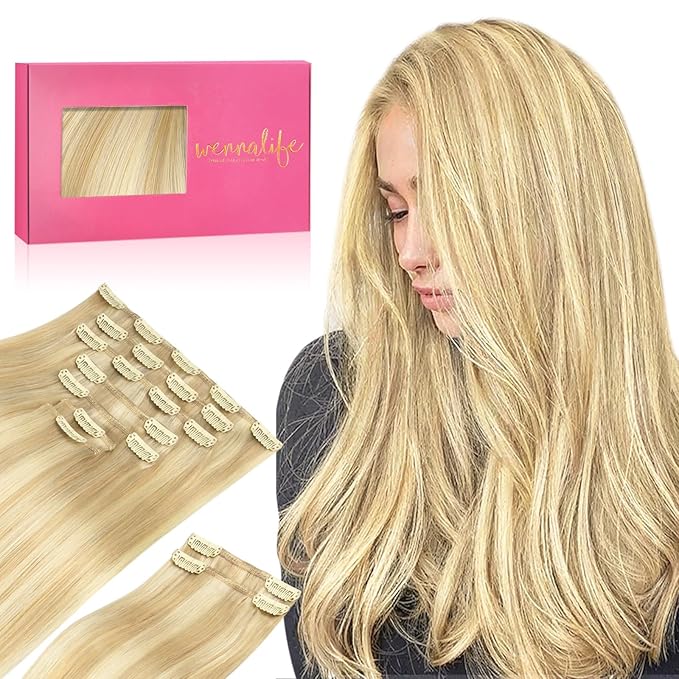 WENNALIFE Clip in Hair Extensions, 150g 24 Inch 9pcs Light Blonde Highlighted Golden Blonde Human Hair Extensions Thicker Real Human Hair Clip Set Double Weft