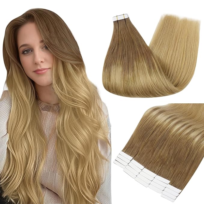 Full Shine Tape in Hair Extensions Human Hair Color 10 Golden Brown Fading to 14 Golden Blonde Invisible Double Sided Human Hair Extensions Tape in 20 Inch Soft and Silky 50 Grams 20 PCS for Wedding
