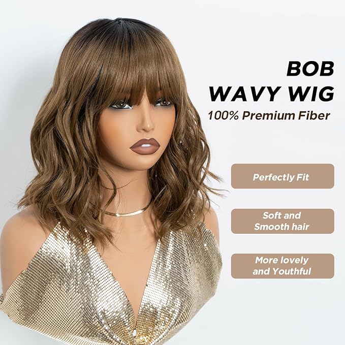 NOBLE Bob Wig with Bangs Short Wavy Wig for Women Ombre Light Brown Shoulder Length Wig Heat Resistant Synthetic Wigs for Daily Party Use 12 Inches