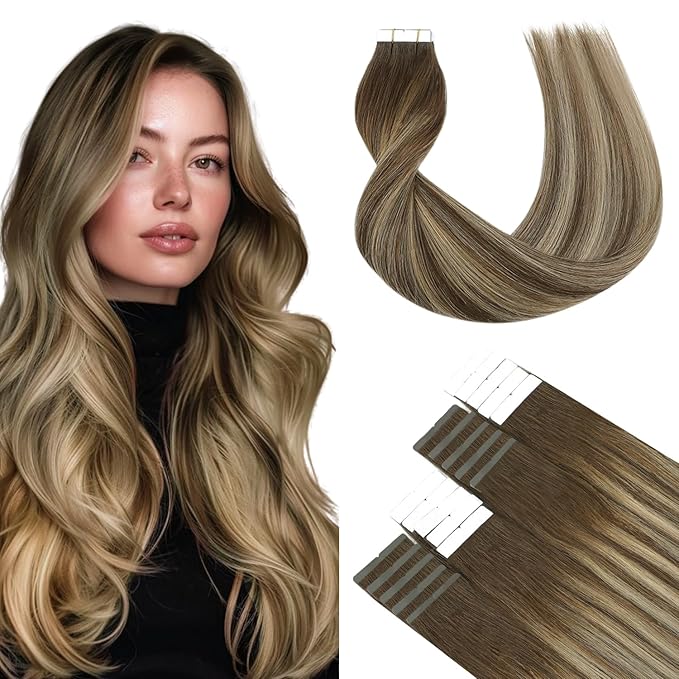 SURNEL 18 inch Tape in Hair Extensions Balayage Chocolate Brown to Caramel Blonde Human Hair Extensions Tape in 20pcs 50g(#4/27/4-18)
