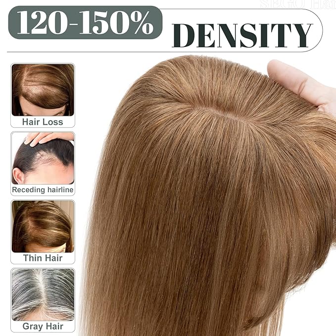 SEGO Hair Toppers for Women Real Human Hair for Thinning Hair, Clip In Topper with Front Bangs, Straight, 150% Density, Silk Base, 8 Inches,#6 Light Brown