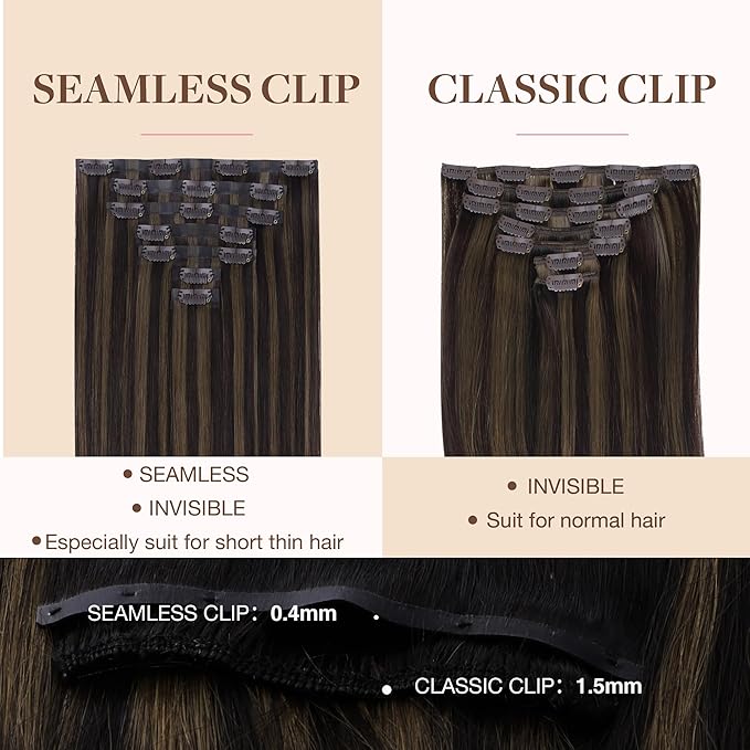 GOO GOO Clip in Hair Extensions Real Human Hair, Remy Human Hair Extensions Clip ins for Women, Natural Human Hair, 24inch 140g 7 Pcs, #2/6 Dark Brown Highlighted Chestnut Brown