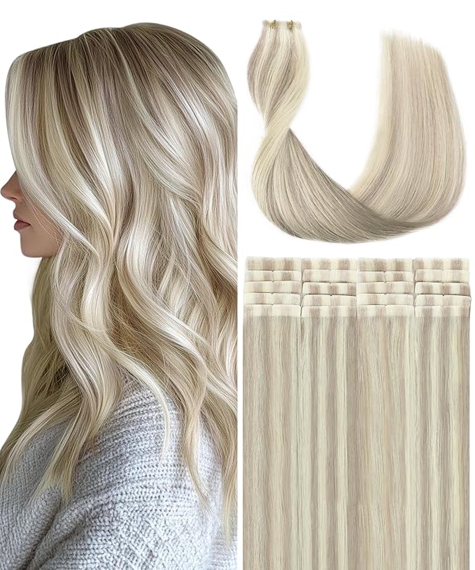SURNEL Injected Seamless Tape in Hair #18P60 Ash Blonde with Platinum Blonde Seamless Tape Ins Upgraded Seamless Remy Invisible Tape in Extensions 16 Inch 20 Pcs 35g(#18P60,16)