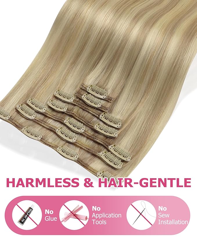 YoungSee 150G Blonde Clip in Hair Extensions Highlight Light Blond with Golden Blonde Clip in Extensions Real Human Hair Dyable Blond Hair Extension Clip ins for Women 24Inch 7Pcs