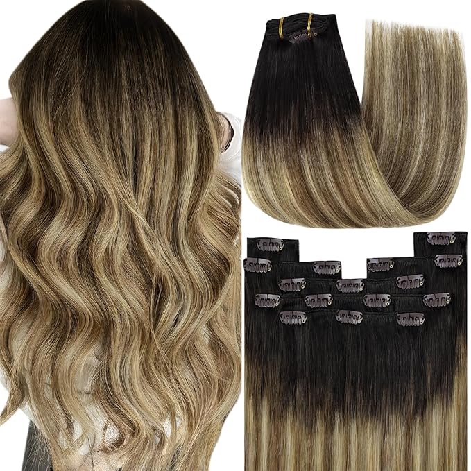 YoungSee Brown Ombre Hair Extensions Clip ins Balayage Human Hair Clip in Extensions Dark Brown Roots Medium Brown Mix Blonde Balayage Clips in Human Hair Extensions for Woman 14inch 120g