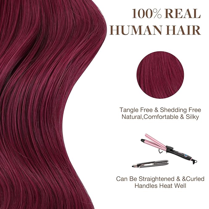 GOO GOO Tape in Hair Extensions Human Hair, Burgundy Red, 20inch 30g 10pcs, Colored Tape ins Human Hair Extensions, Silky&Soft Invisible Tape Ins, Hair Highlighted for Party