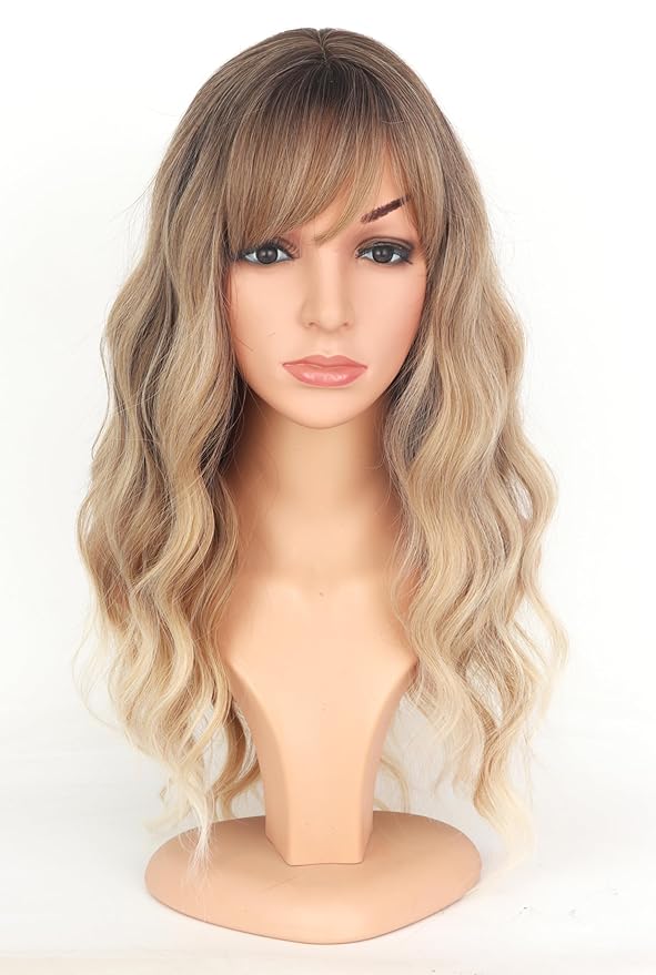 Ombre Dirty Blonde Wavy Wigs With Bangs For Women Medium Long Ash Blonde Synthetic Wigs For Daily Use （Dirty Blonde）