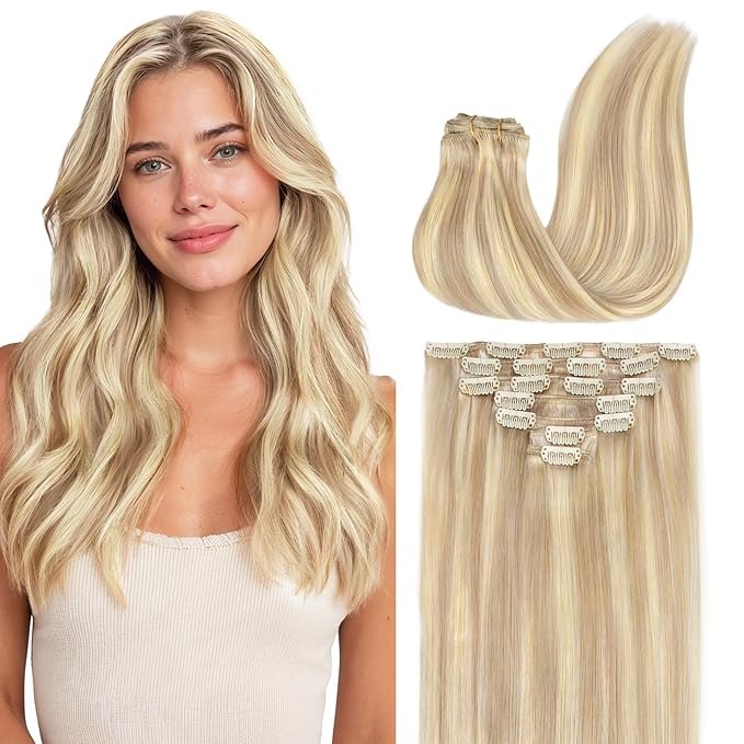GOO GOO Clip in Hair Extensions Real Human Hair, Remy Human Hair Extensions Clip ins for Women, Natural Human Hair, 18inch 120g 7 Pcs, #18F/60A Balayage Light Wheat Platinum Blonde