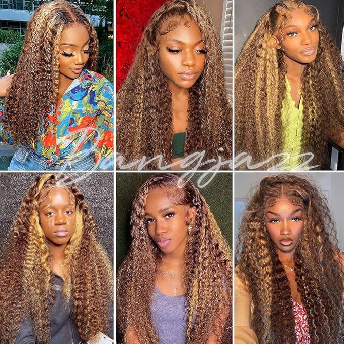 bangjazz 13x4 Deep Wave Lace Front Wigs Human Hair Highlight Ombre 13x4 HD Transparent Lace Frontal Wigs Human Hair 180% Density P4/27 Colored Glueless Curly Wigs for Black Women 24 Inch
