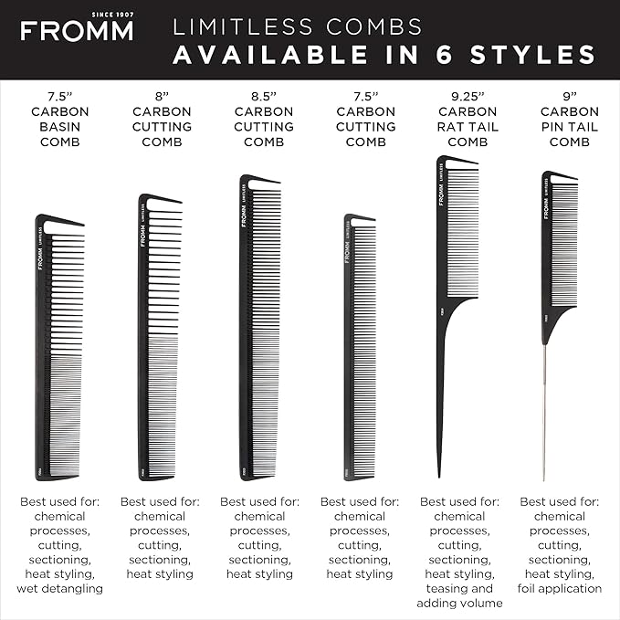 Fromm Limitless 7.5" Carbon Basin Comb with Rounded Tips and Sectioning Tooth for Cutting, Sectioning, Styling, and Detangling, Heat Resistant to 450°F