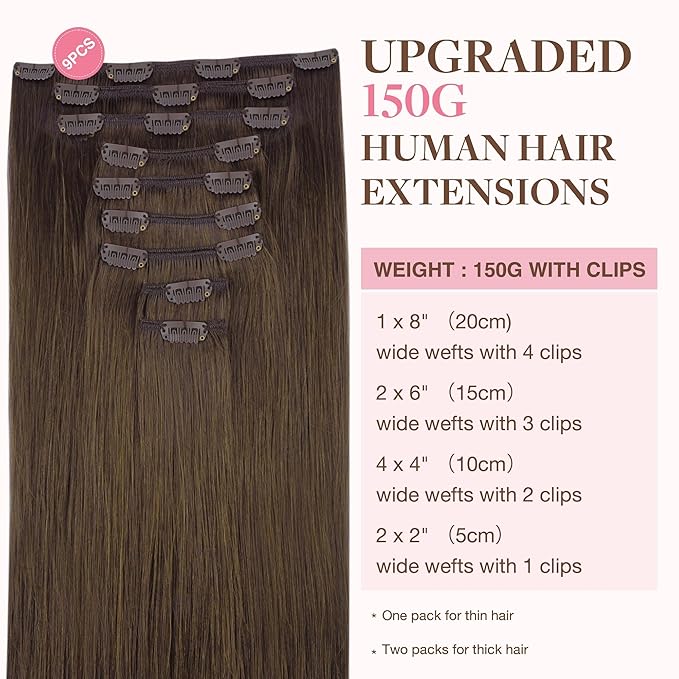GOO GOO Clip in Hair Extensions Real Human Hair, Remy Human Hair Extensions Clip ins for Women, Natural Human Hair, 18inch 150g 9Pcs, 4A Chocolate Brown