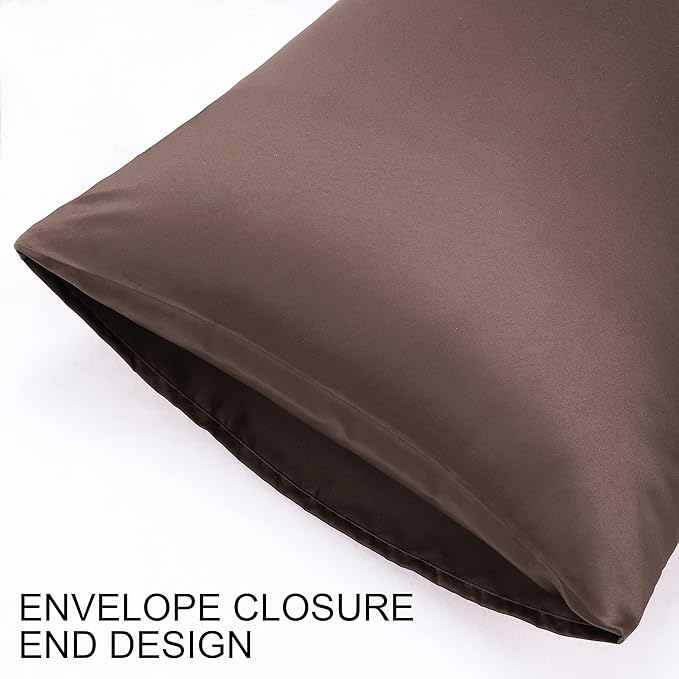 uxcell 2 Pack Silk Satin Pillowcase for Hair and Skin, Cool, Silky, Soft Breathable Pillow Cases King Size 20x36 Inch Sateen Pillowcase Brown with Envelope Closure