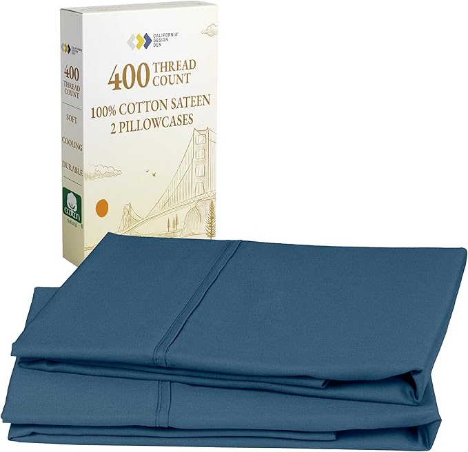 California Design Den King Size Pillowcase Set - 400 Thread Count, 100% Cotton Sateen, Set of 2 Pillow Covers, Soft and Breathable - Peacock Blue