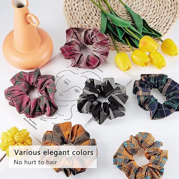 WILLBOND 12 Pcs Plaid Scrunchies for Women Girls Buffalo Plaid Hair Ties Cotton Scrunche Scrunchy Ponytail Holders Hair Accessories(Elegant)