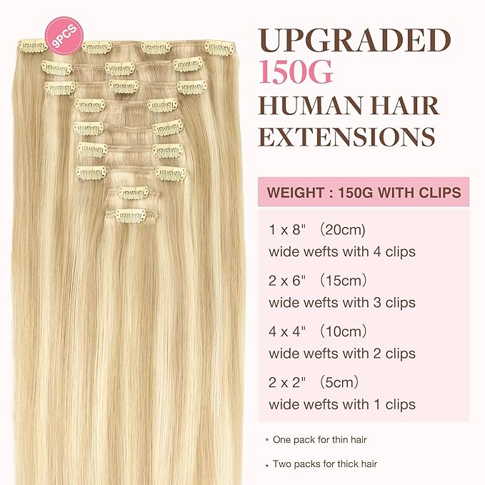 GOO GOO Clip in Hair Extensions Real Human Hair, Remy Human Hair Extensions Clip ins for Women, Natural Human Hair, 16inch 150g 9Pcs, 18A/613A Dark Blonde Highlighted Bleach Blonde