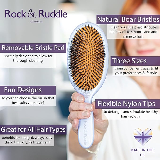 Rock & Ruddle Natural Mixed Boar Bristle Hair Brush for Women and Kids (Large 21cm) - Perfect for Wet or Dry Hair, Detangling Smoothing Blowdrying - Designed & Made in UK - Folio Society Stripe Design