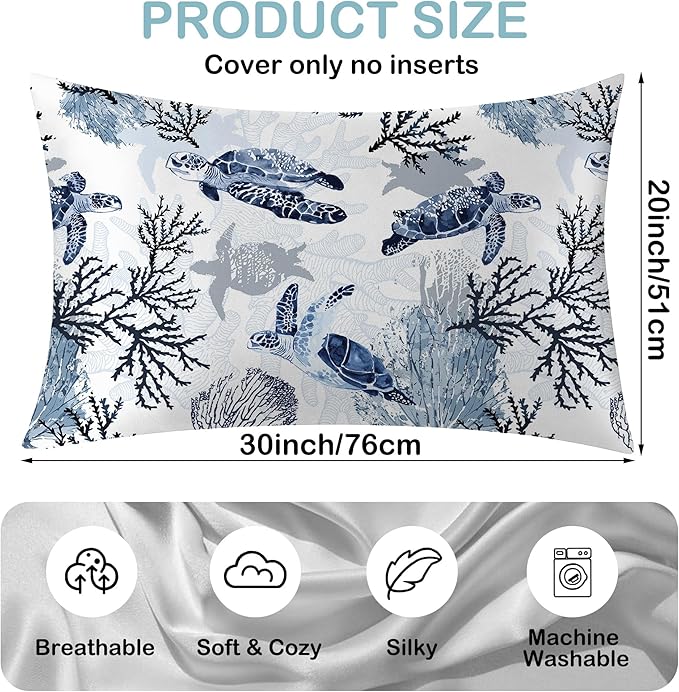 Nautical Turtle and Corals Satin Pillow Case Queen Size,Soft Pillowcases for Hair and Skin Similar to Silk,Pillowcases with Hidden Zipper Bedding Accessories,20X30 Inches,1 Pack
