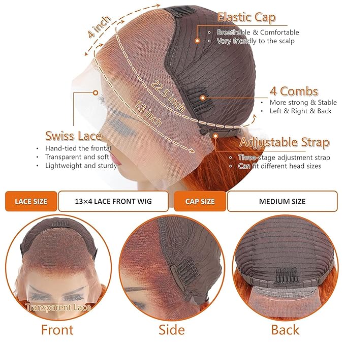 Ginger Wig Human Hair 13x4 Straight Ginger Orange Lace Front Wigs Human Hair HD Transparent Lace Frontal 350 Colored Wig Pre Plucked 180% Density 20inch