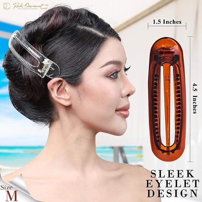 RC ROCHE 6 Pcs Flat Claw Hair Clips for Women Alligator French Barrette Long Thick Hair Duckbill Curved No Slip Grip Lay Flat Side Slide Firm Classic Styling, Medium Clear Brown and Black