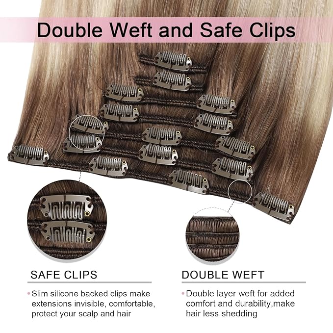 Pro2.0 Remy Real Human Hair Extensions Clip ins 120g Thick 7pcs #8/60/18 Ash Brown to Ash Blonde Mix Platinum Remy Clip in Hair Extensions Real Human Hair 16inch Double Weft（#8/60/18-16inch）