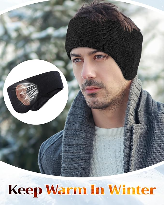 JenPen 2 Pcs Double-layer Ear Muffs for Winter Ear Warmers Headband for Men Women Knit Fuzzy Lined for Adult Running Cycling Ski (Gray,Black)