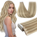 Full Shine Injection Tape in Hair Extensions Human Hair Color 16 Golden Blonde Highlight 22 Medium Blonde Seamless Skin Weft Tape in Extensions 24 Inch Add Length 50 Grams for Weeding 20 Pcs