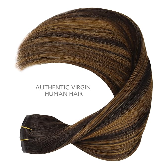 WENNALIFE Seamless Clip In Hair Extensions, 16 Inch 130g 7pcs Balayage Dark Brown to Chestnut Brown Hair Extensions Clip in Human Hair Invisible PU Skin Weft Natural Remy Human Hair Extensions