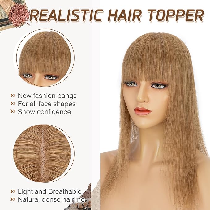 Rich Choices Real Human Hair Topper for Women With Bang - 100% Remy Human Hair for Thinning Hair, Clip in Silk Base, 16 Inch #6 Light Brown