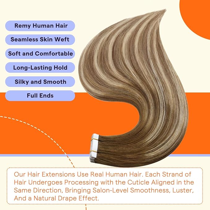 Full Shine Tape in Hair Extensions Human Hair 16 Inch Seamless Skin Weft Hair Extensions Tape in Color 4 Brown Ombre 8 and 27 Blonde Highlight 60 Balayage Remy Straight Hair 50grams 20PCS Add Volume