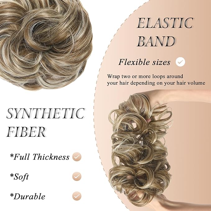 Large Messy Bun Hair Piece Curly Synthetic Extensions Scrunchies Fake Chignon Updo Hairpieces for Women Natural Blonde Highlights