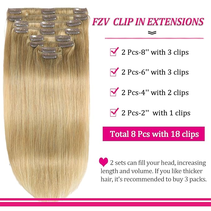 Kinky Straight Human Hair Clip in Extensions Blonde Double Weft 8pcs 125g Straight Hair Extensions 24inch Clip in Hair Extensions for Women Real Human Hair