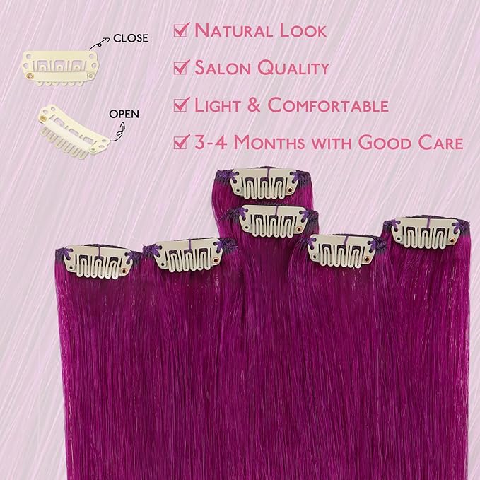 WENNALIFE Violet Clip in Hair Extensions Real Human Hair 35g 6pcs 14 Inch Colored Hair Extensions for Kids Women Colorful Hair Pieces Pop-up Style Straight Extensiones De Cabello Humano Con Clip